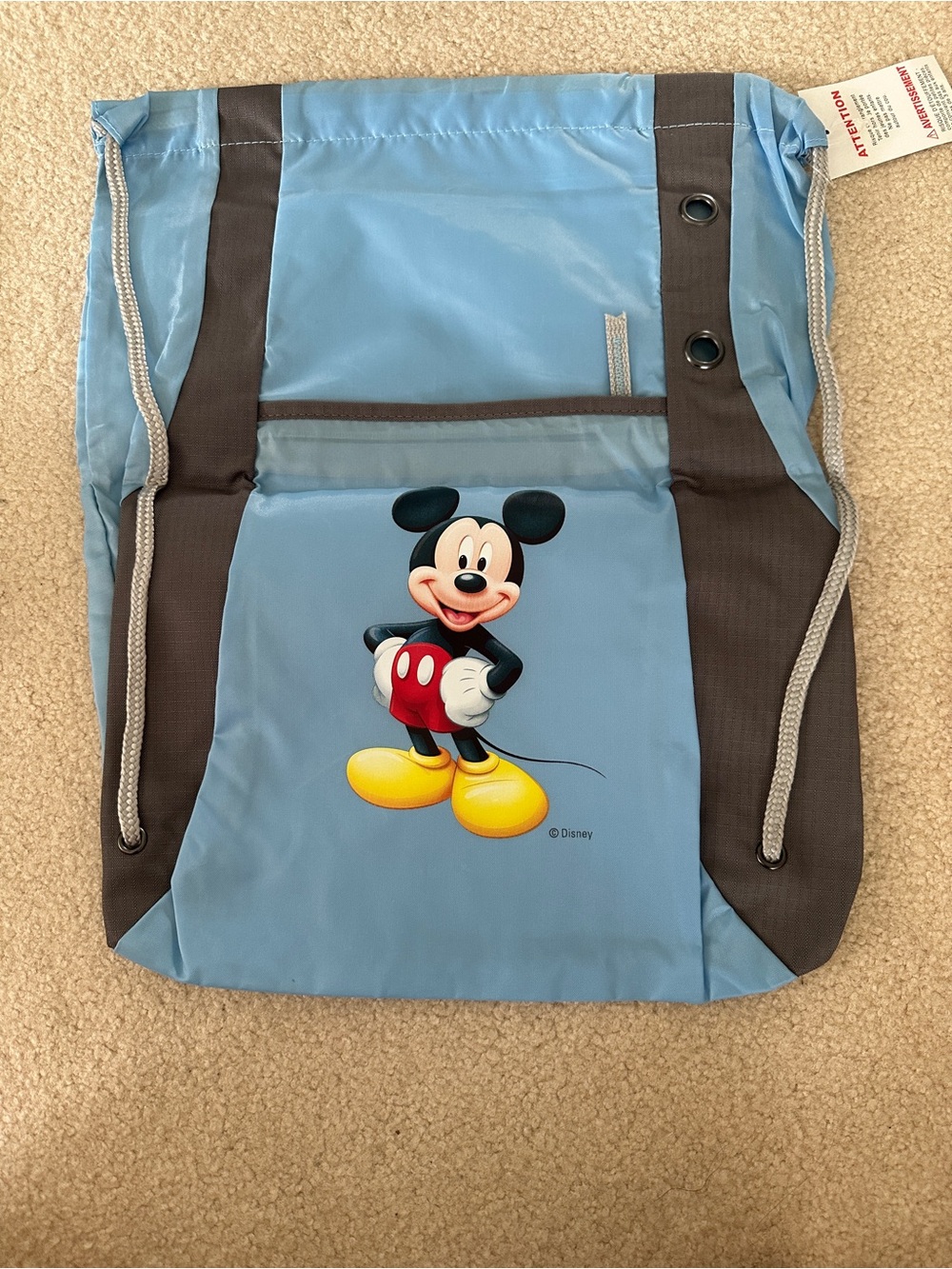 Disney Park Light Blue and Gray Mickey Mouse Drawstring Backpack